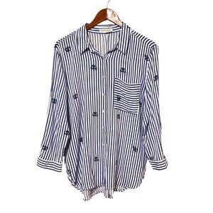 Striped Blue White Button Up Shirt With Eye Print Rayon Blouse art to wear